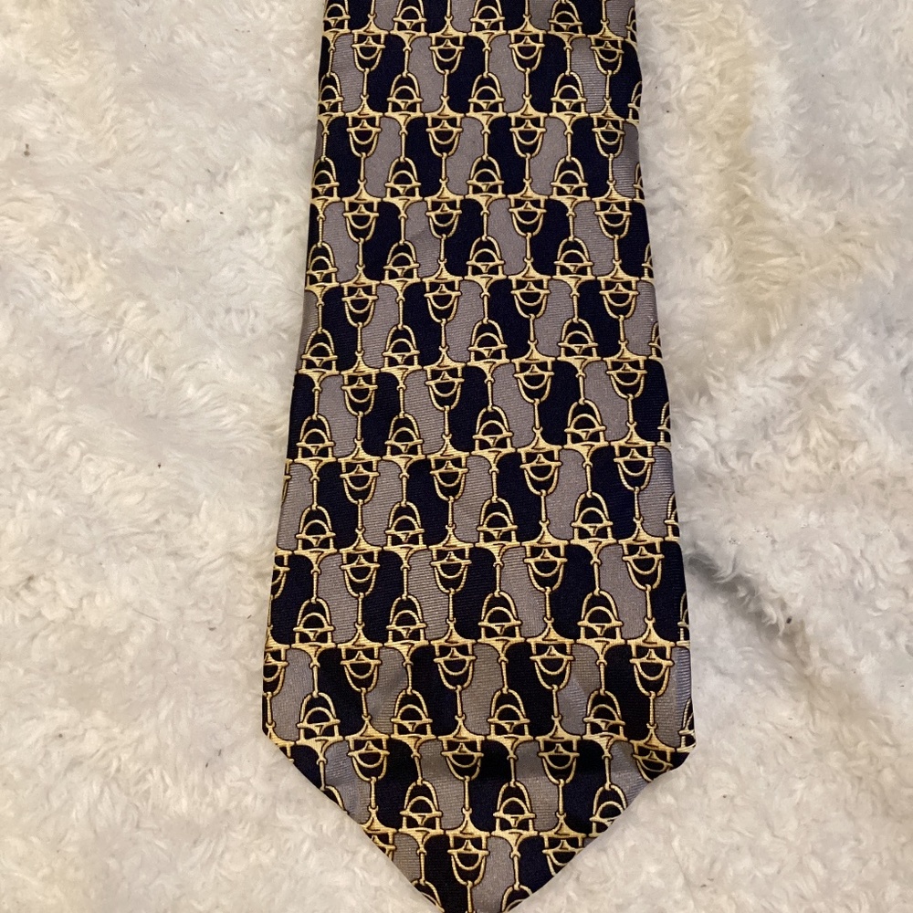 Burberrys 100% silk tie blue & gold equestrian hardware Gucci look horse bridle